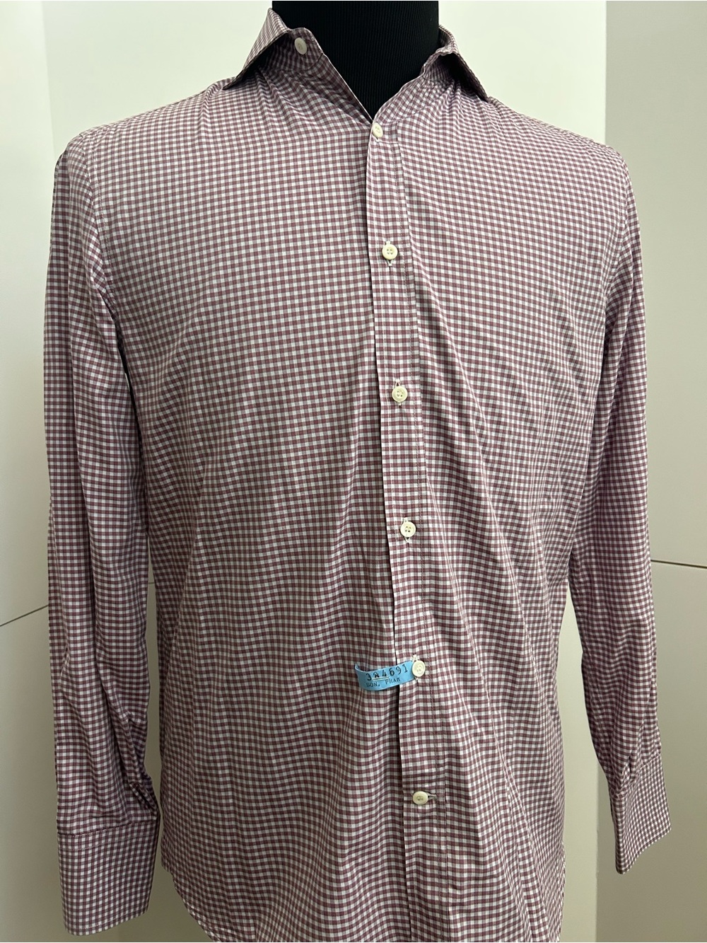 Brunello Cucinelli Burgundy and White Micro-Check Dress Shirt